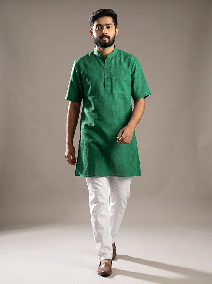 Dark Forest Green Organic Cotton Half Sleeves Men Kurta
