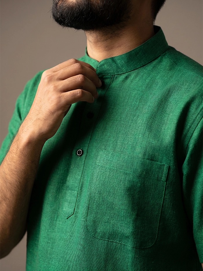 Dark Forest Green Organic Cotton Half Sleeves Men Kurta