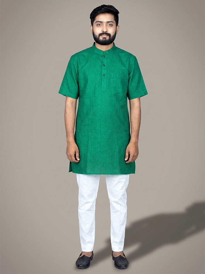 Dark Forest Green Organic Cotton Half Sleeves Men Kurta