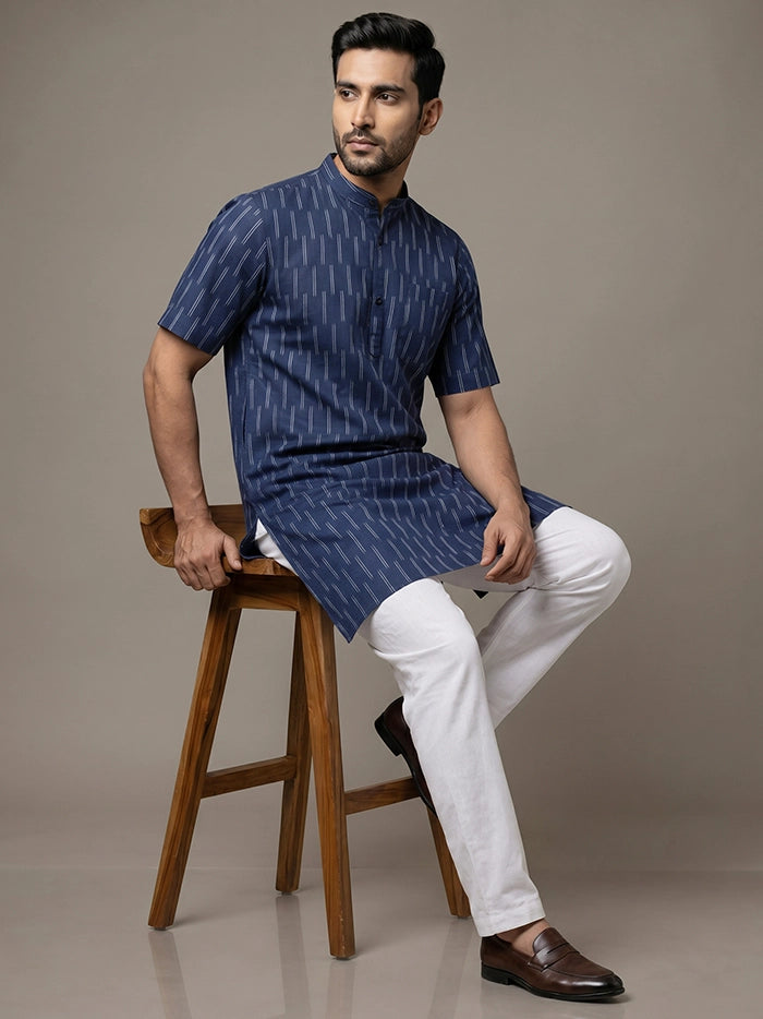Deep Indigo Organic Cotton Ikkat Half Sleeves Men Kurta