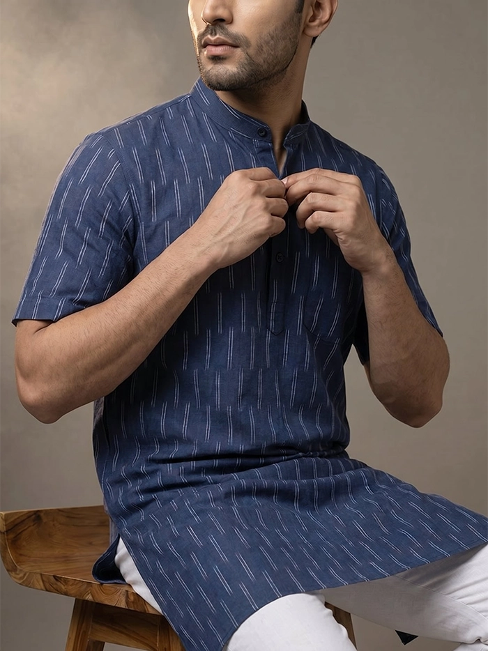 Deep Indigo Organic Cotton Ikkat Half Sleeves Men Kurta