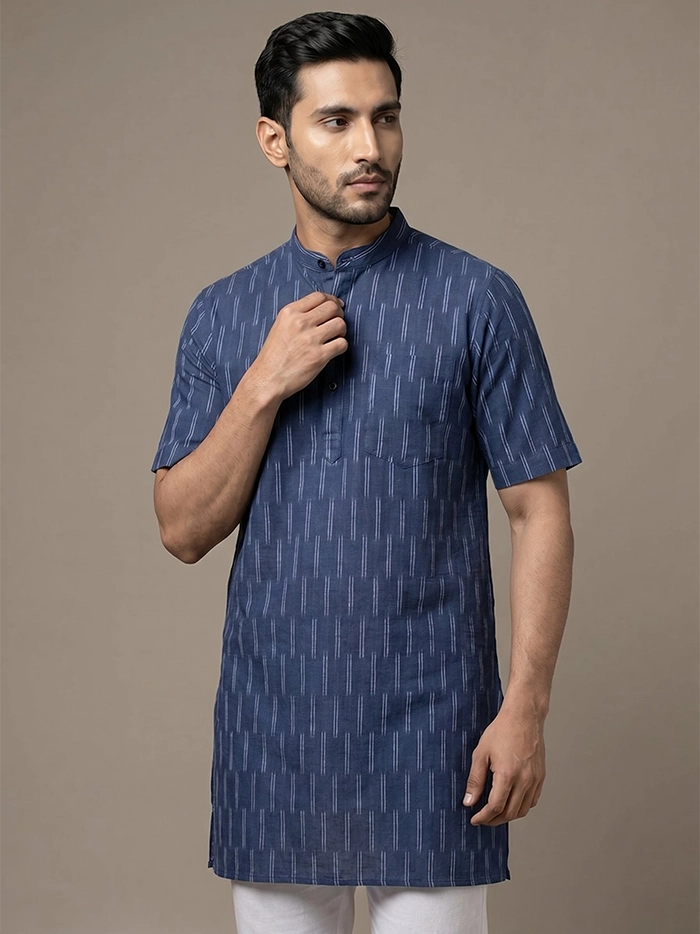Deep Indigo Organic Cotton Ikkat Half Sleeves Men Kurta