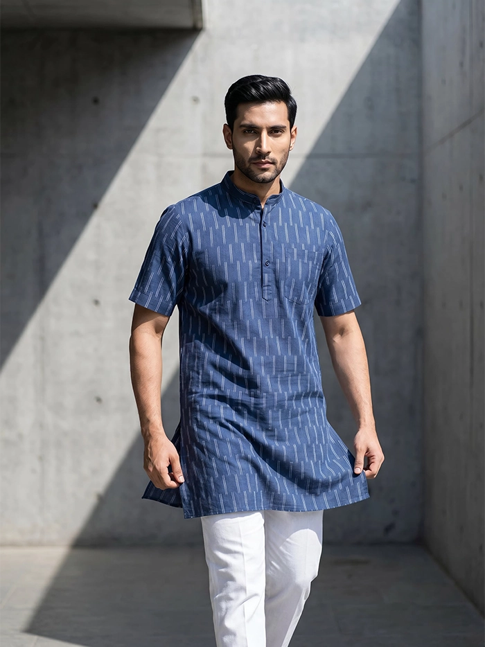 Deep Indigo Organic Cotton Ikkat Half Sleeves Men Kurta