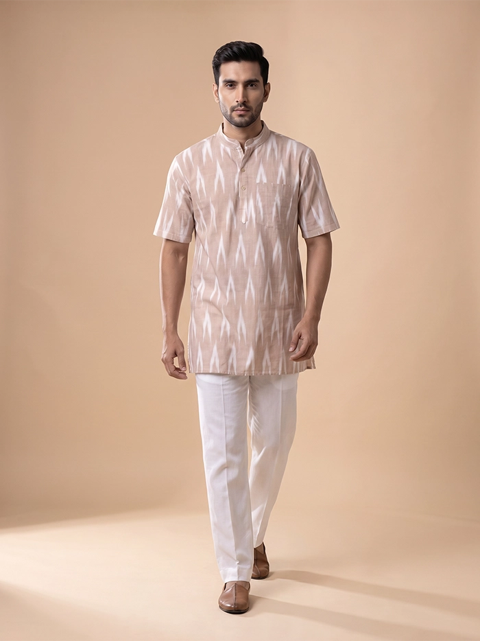 Desert Clay Ikkat Organic Cotton Half Sleeves Men Kurta