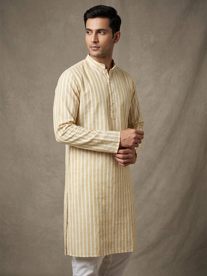 DesiWeave Organic Cotton Striped Full Sleeves Men Kurta