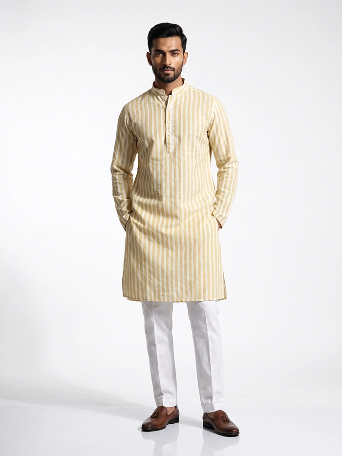 DesiWeave Organic Cotton Striped Full Sleeves Men Kurta