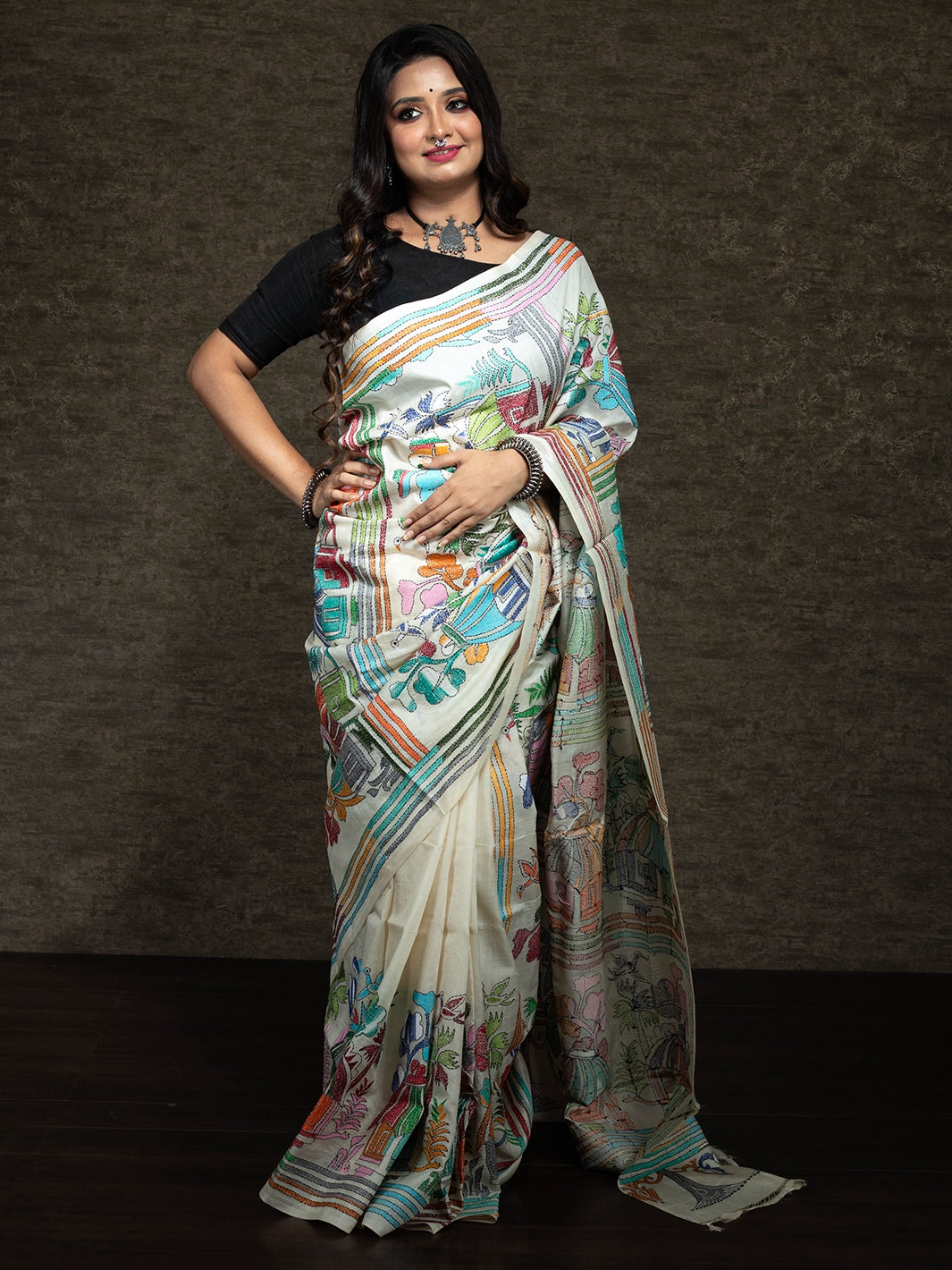 Elegant Allover Kantha Stitch Tussar Silk Saree