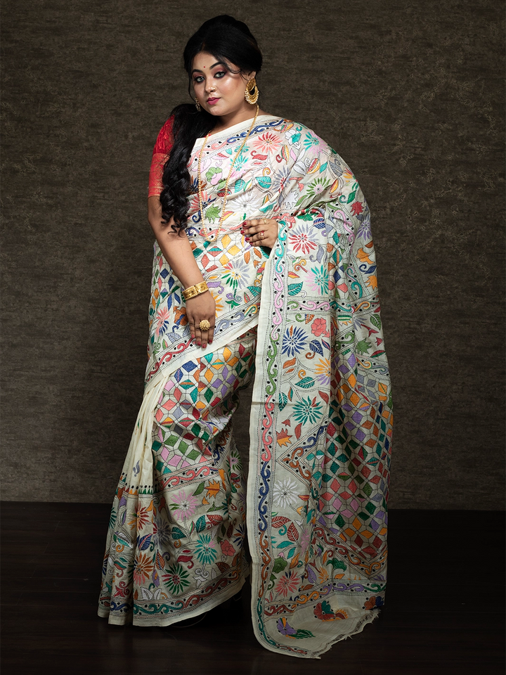Elegant Allover Kantha Stitch Tussar Silk Saree