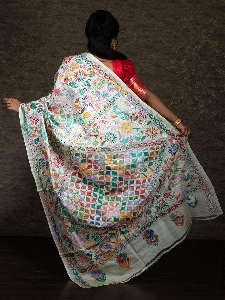Elegant Allover Kantha Stitch Tussar Silk Saree