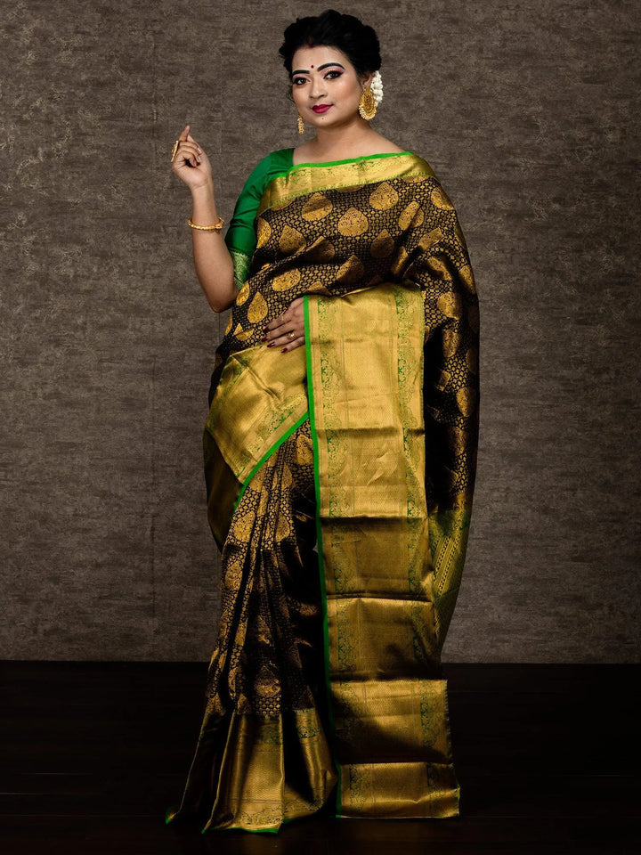 Black Allover Kanchipuram Silk Bridal Saree - WeaversIndia