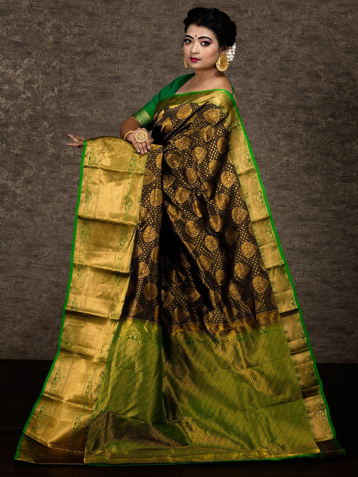 Black Allover Kanchipuram Silk Bridal Saree - WeaversIndia