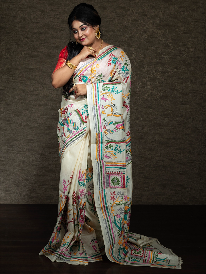 Elegant Kantha Stitch Tussar Silk Saree