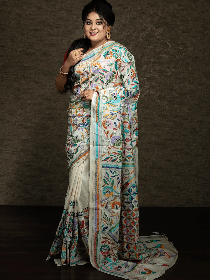 Elegant Kantha Stitch Tussar Silk Saree