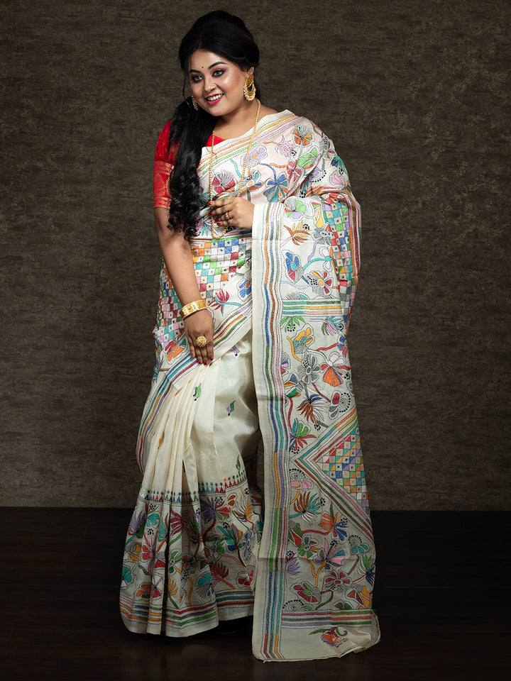 Elegant Kantha Stitch Tussar Silk Saree
