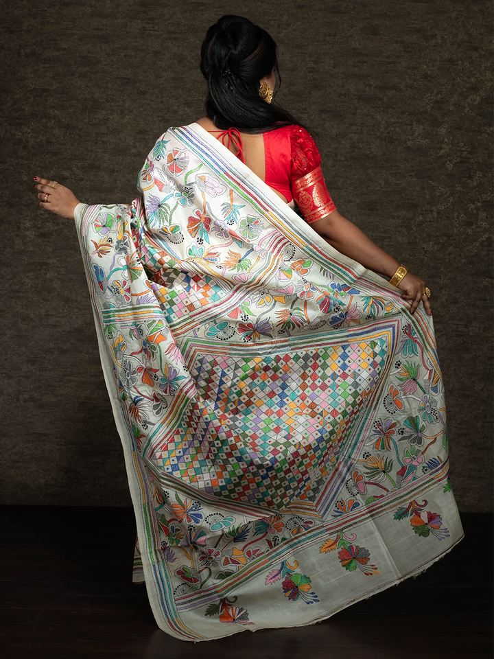 Elegant Kantha Stitch Tussar Silk Saree