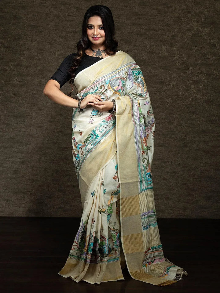 Elegant Kantha Stitch Tussar Silk Saree