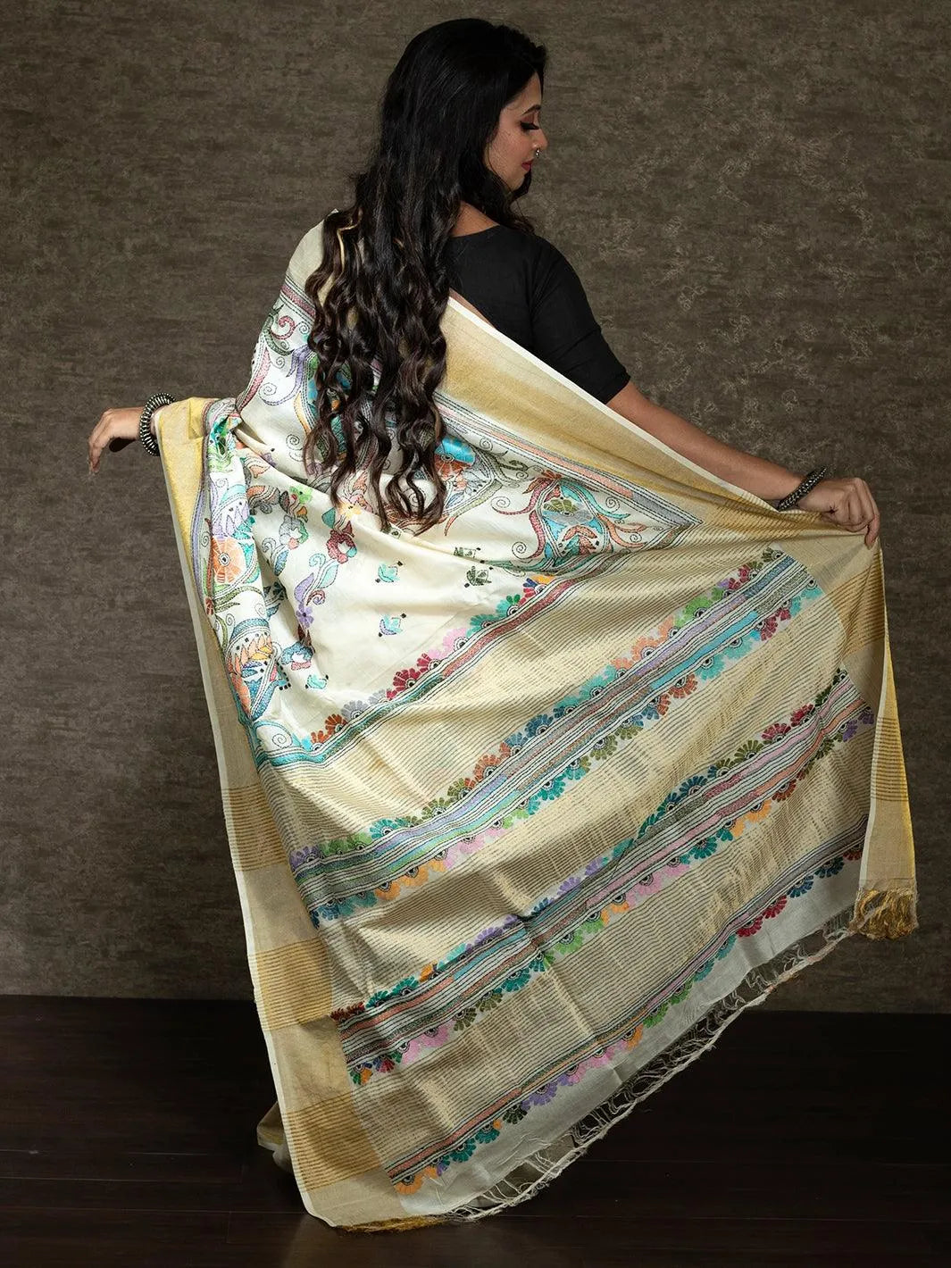 Elegant Kantha Stitch Tussar Silk Saree