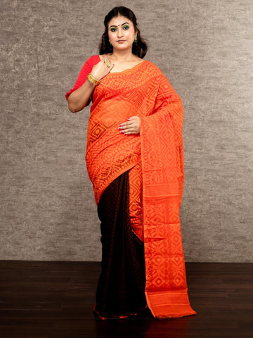Elegant Orange Black Half Half Dhakai Jamdani Saree