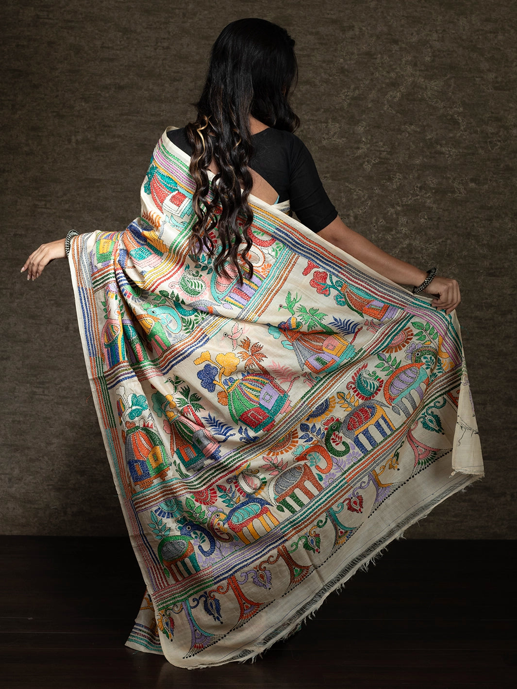 Elegant Par Anchal Kantha Stitch Tussar Silk Saree