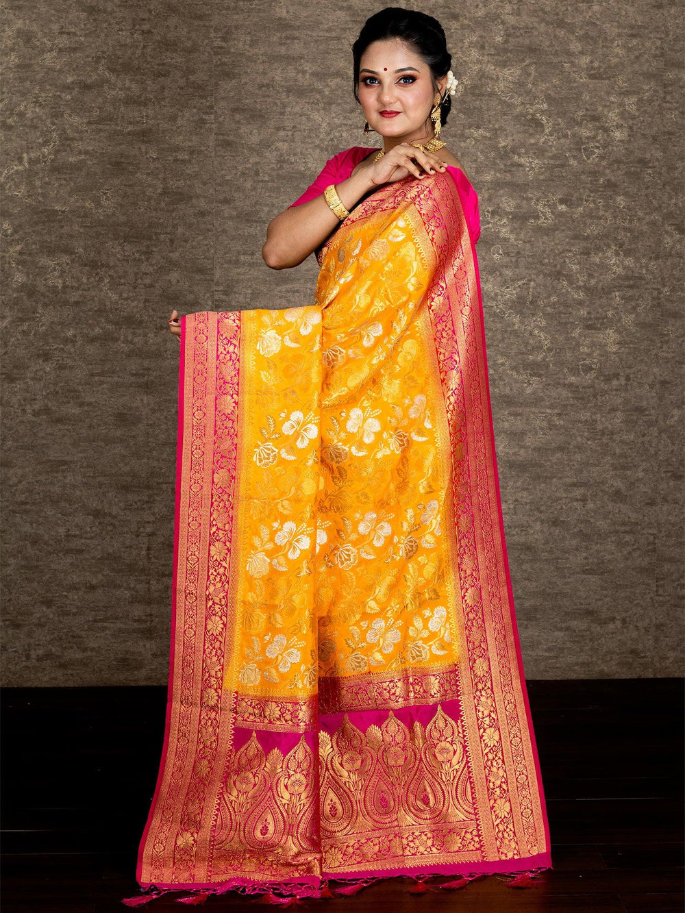 Elegant Yellow Allover Organza Silk Saree - WeaversIndia