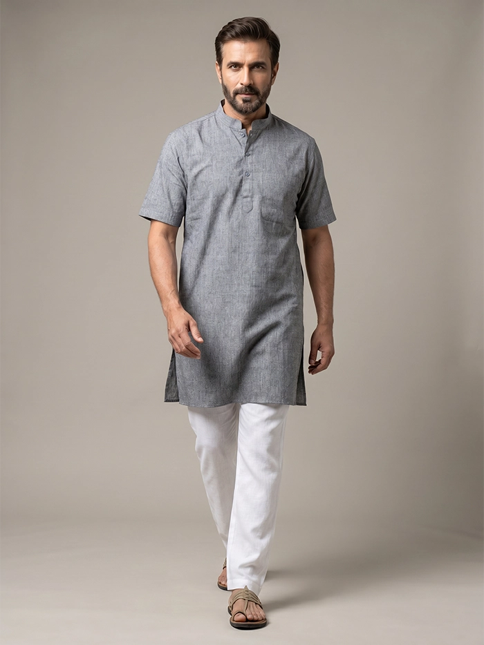 Faded Black Organic Cotton Half Sleeves Men Kurta