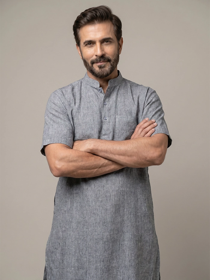 Faded Black Organic Cotton Half Sleeves Men Kurta