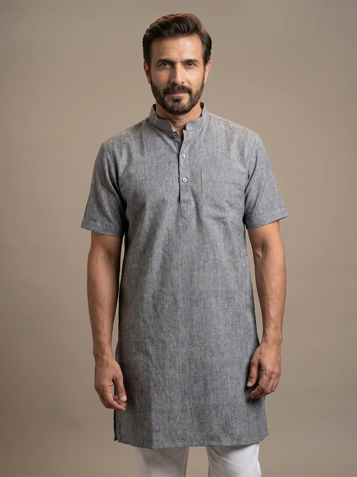 Faded Black Organic Cotton Half Sleeves Men Kurta