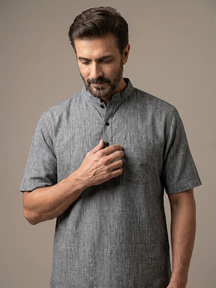 Faded Black Organic Cotton Half Sleeves Men Kurta