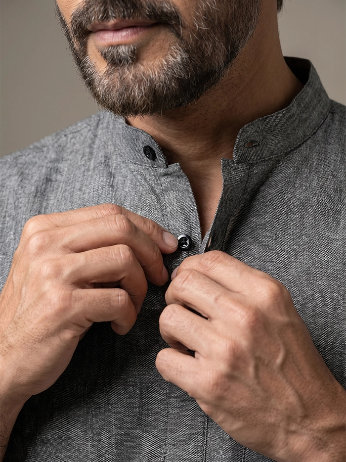 Faded Black Organic Cotton Half Sleeves Men Kurta