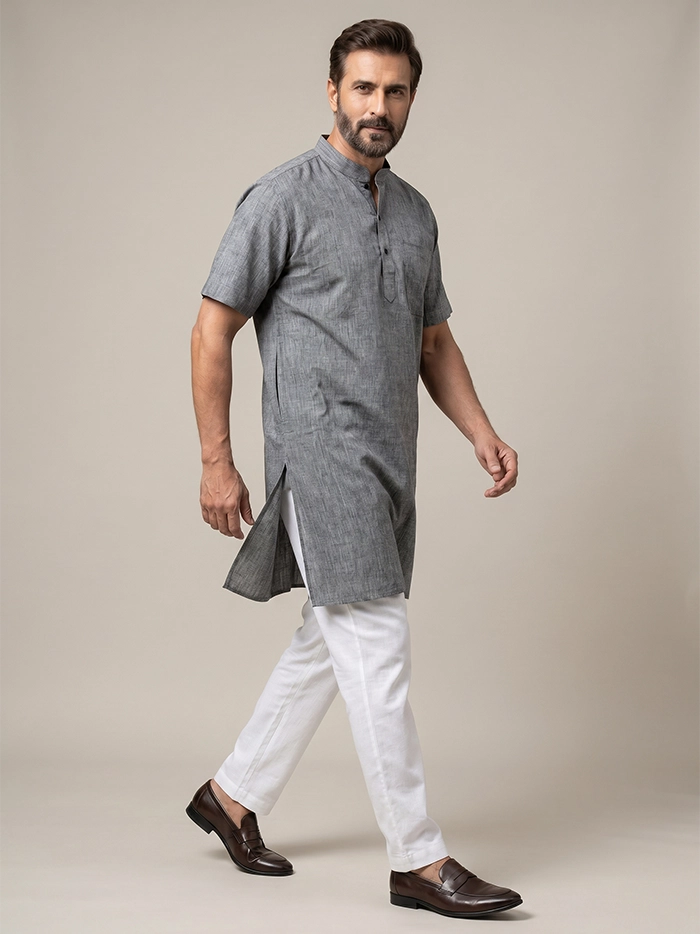 Faded Black Organic Cotton Half Sleeves Men Kurta