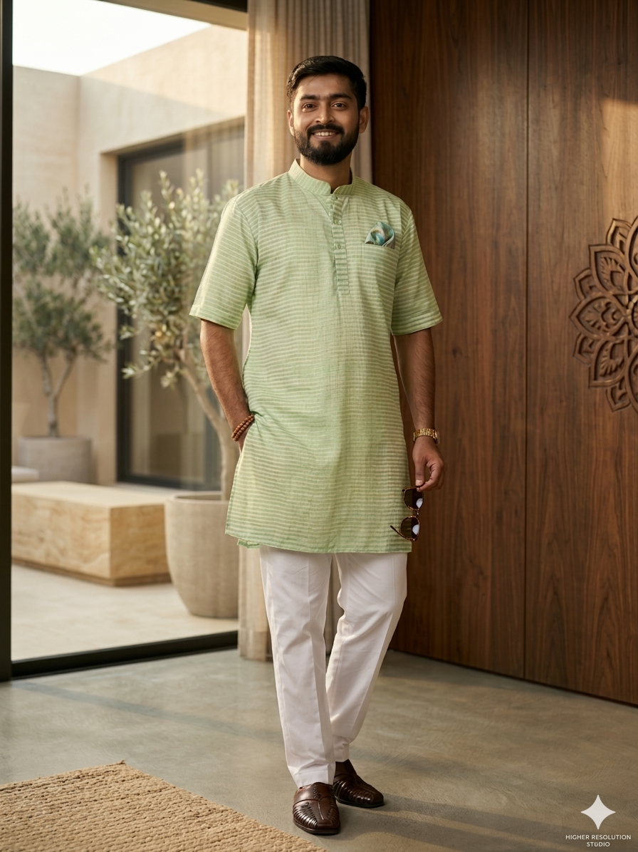 Green Yellow Striped Handwoven Organic Cotton Men Kurta