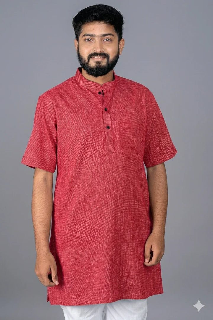 Red White Organic Cotton Half Sleeves Men Kurta