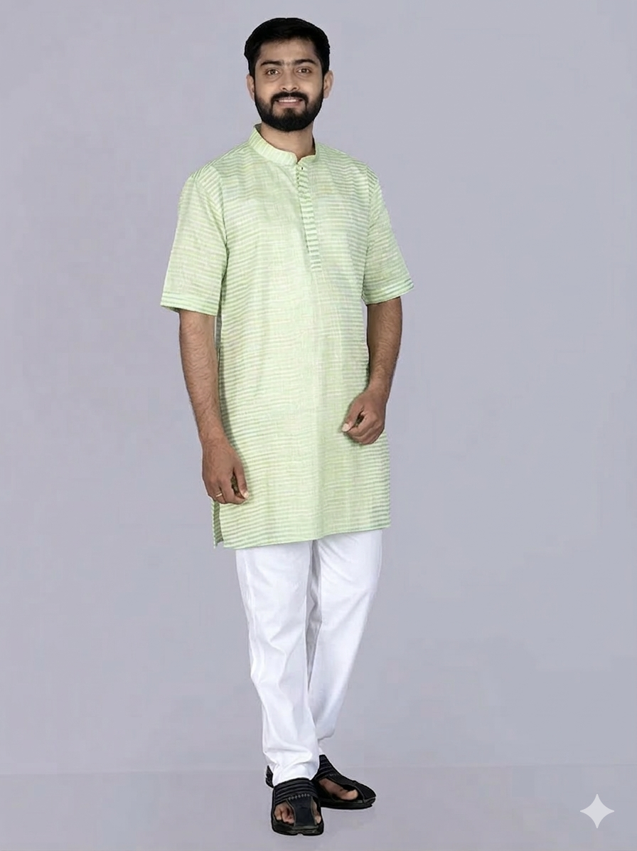Green Yellow Striped Handwoven Organic Cotton Men Kurta