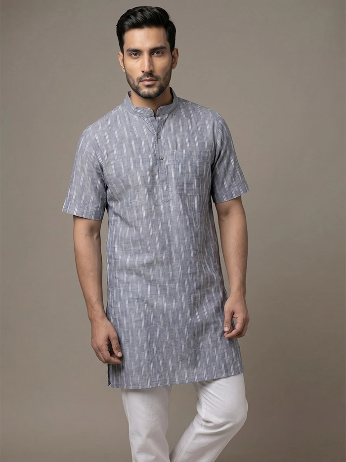 Gray Organic Cotton Line Ikkat Half Sleeves Men Kurta