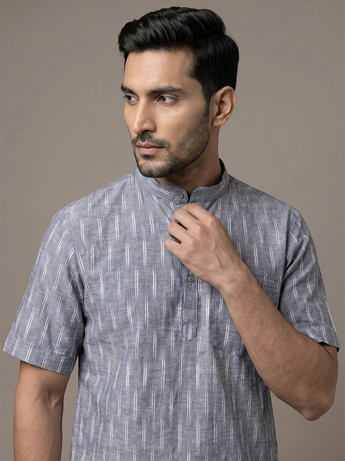 Gray Organic Cotton Line Ikkat Half Sleeves Men Kurta