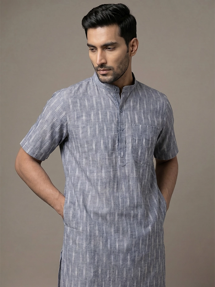 Gray Organic Cotton Line Ikkat Half Sleeves Men Kurta