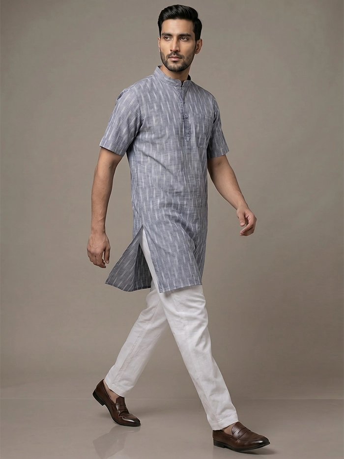 Gray Organic Cotton Line Ikkat Half Sleeves Men Kurta