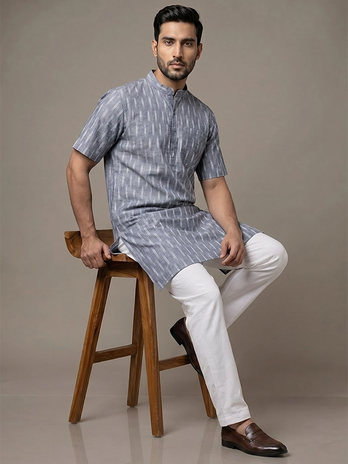 Gray Organic Cotton Line Ikkat Half Sleeves Men Kurta
