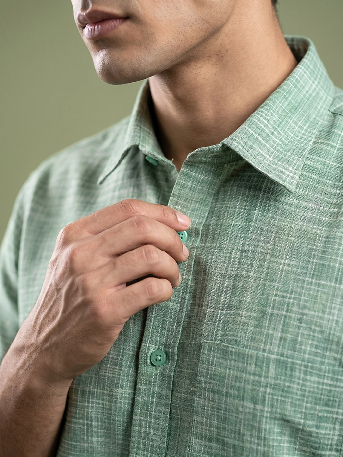 Green Handwoven Springs Organic Cotton Half Sleeves Men Shirt