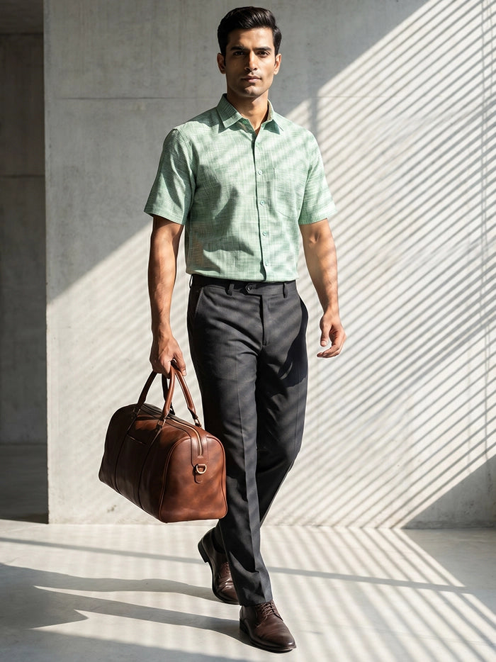 Green Handwoven Springs Organic Cotton Half Sleeves Men Shirt