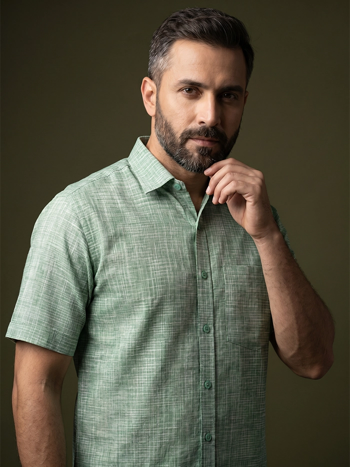 Green Handwoven Springs Organic Cotton Half Sleeves Men Shirt