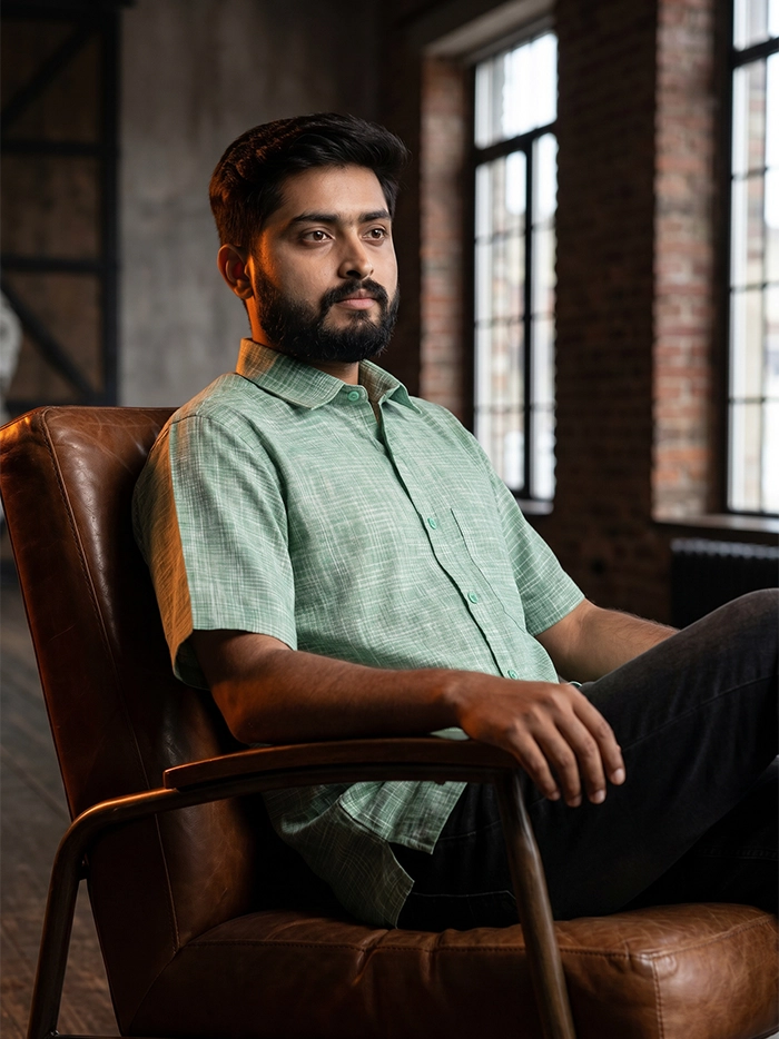 Green Handwoven Springs Organic Cotton Half Sleeves Men Shirt