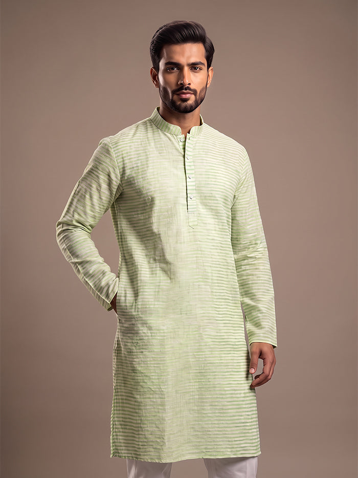 Green Yellow Striped Handwoven Organic Cotton Men Kurta