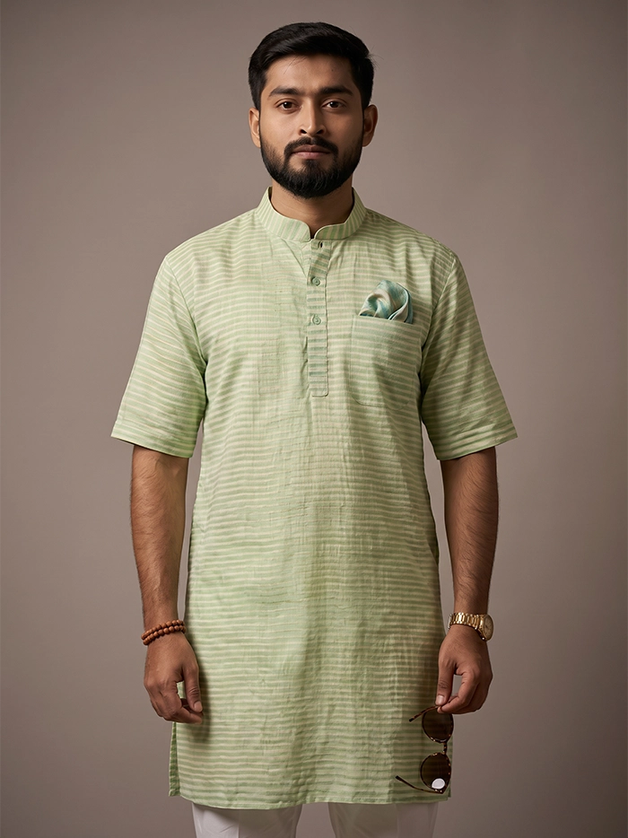 Green Yellow Striped Handwoven Organic Cotton Men Kurta