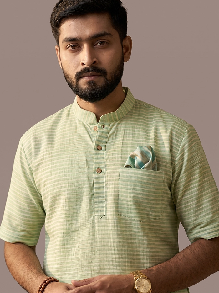 Green Yellow Striped Handwoven Organic Cotton Men Kurta