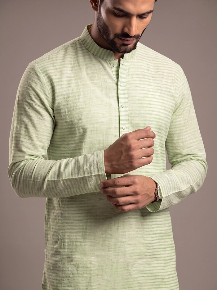 Green Yellow Striped Handwoven Organic Cotton Men Kurta