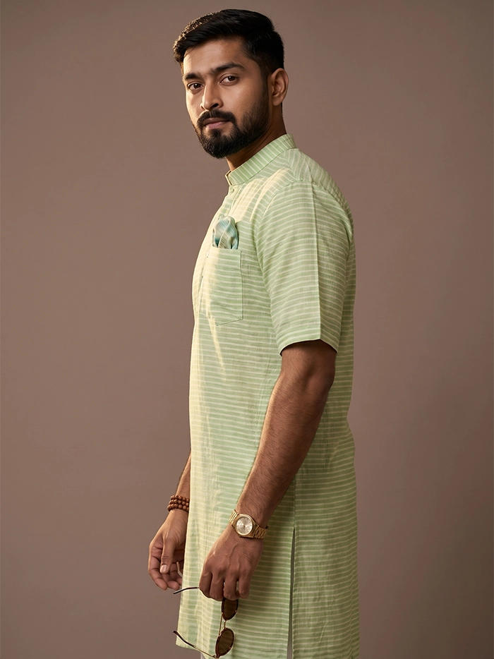 Green Yellow Striped Handwoven Organic Cotton Men Kurta