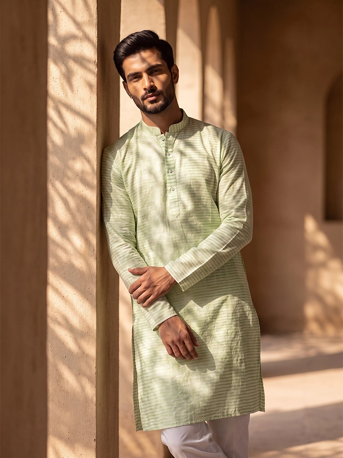 Green Yellow Striped Handwoven Organic Cotton Men Kurta