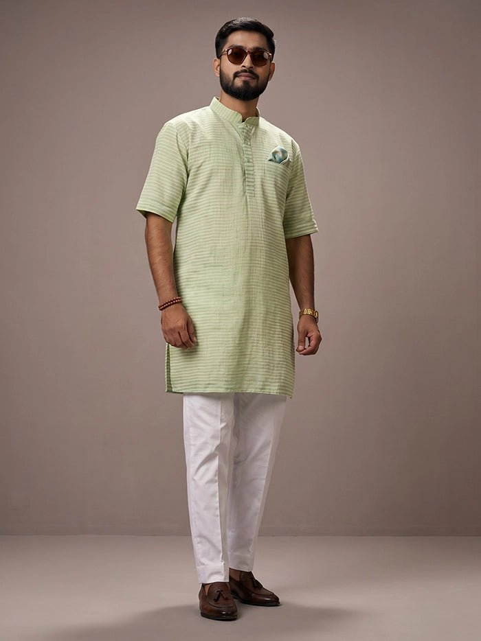 Green Yellow Striped Handwoven Organic Cotton Men Kurta
