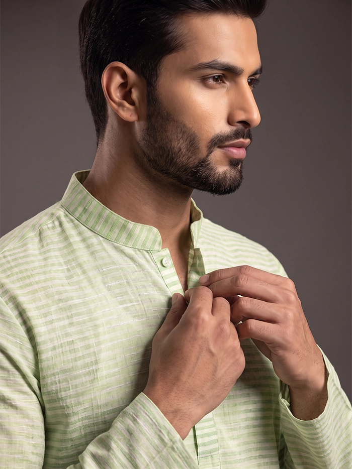 Green Yellow Striped Handwoven Organic Cotton Men Kurta